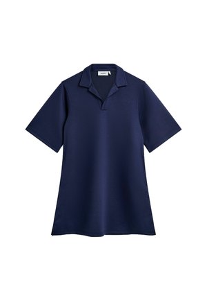 Mornarska polo majica, kratki rukavi, mehak material, ovratnik s V-izrezom, ravni rob. Minimalističen dizajn, brez vidnih vzorcev ali poudarkov.