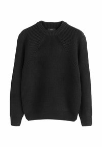 Pull noir à texture avec un col rond et des manches raglan, présentant un motif en maille côtelée et une étiquette sur le col.