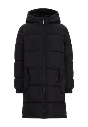 Černý dlouhý prošívaný zimní kabát s kapucí, předním zipem, elastickými manžetami a dvěma klopovými kapsami na knoflíky.