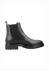 Botas de tobillo de cuero negro con paneles laterales elásticos, punta redondeada y suela de goma resistente con surcos profundos. Lengüeta en la parte posterior.