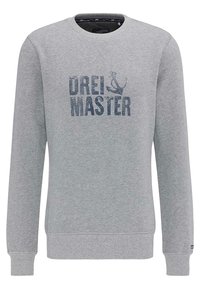 Felpa grigia con collo rotondo, maniche lunghe, polsini e orlo a costine. Presenta il testo blu "DREI & MASTER" accompagnato da una grafica di ancora.