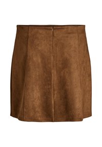 Hnedá semišová mini sukňa s rozšíreným strihom, obsahujúca skrytý zips na zadnej strane a hladkú textúru, vhodná na neformálne aj slávnostné nosenie.