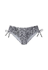 Schwarze und weiße Zebra-Muster-Bikinihose mit Seitenschnürungen, verziert mit Perlenakzenten und aus glattem, dehnbarem Stoff.