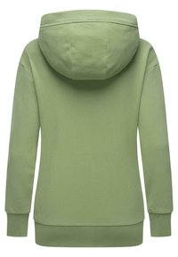 Felpa verde in cotone con cappuccio sagomato, maniche lunghe e polsini a costine. La vista posteriore mostra una texture liscia e assenza di motivi.