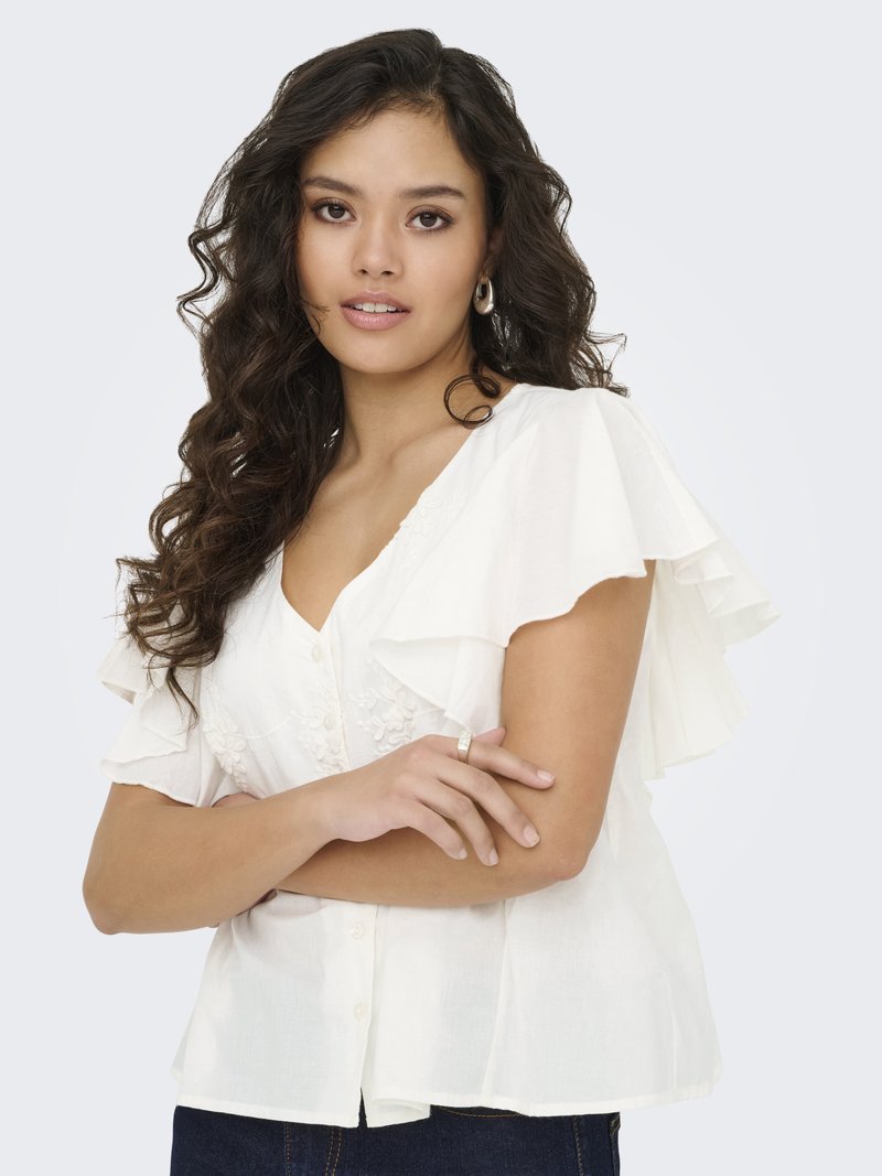 White blouse with ruffled short sleeves, V-neck, floral embroidery on the front, buttons down the center, and a relaxed fit.