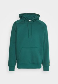 Grüne Baumwollkapuzenjacke mit einer vorderen Kängurutasche, verstellbarem Kordelzug an der Kapuze und gerippten Bündchen. Einfaches Design mit minimalen Akzenten.