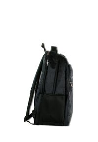 Black backpack with mesh pocket, multiple zippered compartments, and padded straps. Smooth fabric texture with a structured design.