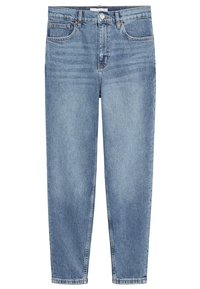 Jean en denim bleu clair, coupe droite, avec poches à l'avant et à l'arrière, fermeture par bouton, et détails délavés subtils sur les cuisses.