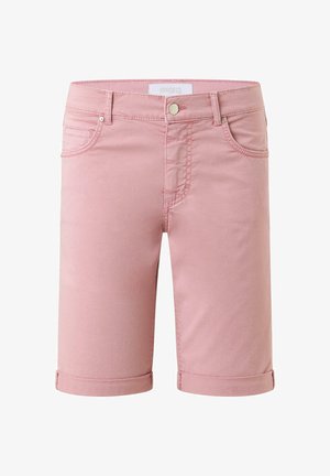 Rózsaszín farmer rövidnadrág sima textúrával, feltekerhető szárakkal, két elülső zsebből és márkás derékpántból áll. Klasszikus öt zsebes dizájn.