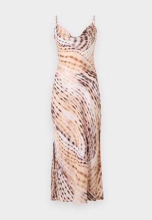 Robe longue sans manches en satin avec un motif abstrait tourbillon beige, marron et noir et un col bénitier.