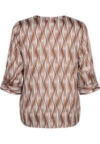 Blusa a maniche lunghe marrone e bianca con un motivo a strisce ondulate e dettagli con bottoni sui polsini.