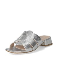 Silver, textured slide sandal with crisscross straps, open toe, short heel, and a smooth inner sole. Subtle metallic sheen, casual design.
