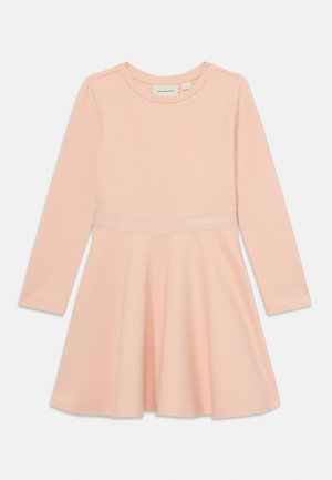 Long-sleeve dress, soft pink fabric, round neckline, flared skirt, features Calvin Klein logo in white above the waistband. Smooth texture.