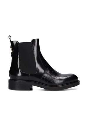 Black patent leather Chelsea boot with crocodile texture, elastic side panels, pull tab, and a low block heel.