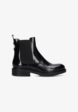 Schwarze Lackleder-Chelsea-Boots mit Krokodilstruktur, elastischen Seitenpaneelen, Zuglasche und niedrigem Blockabsatz.