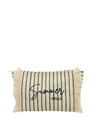 Beige Stoffbeutel mit schwarzen vertikalen Streifen, Fransenrändern und besticktem Text „Summer Hello“ in Schreibschrift und Blockbuchstaben.