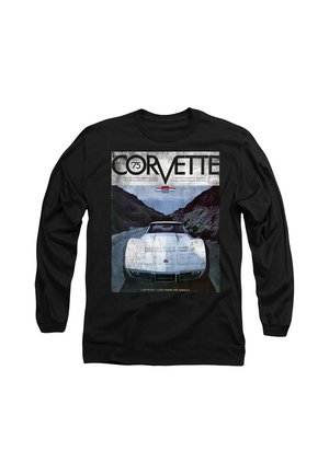 Schwarzes Langarmshirt mit einem Vintage-Cover eines Corvette-Automagazins von 1975, das eine weiße Corvette auf einer Bergstraße zeigt.