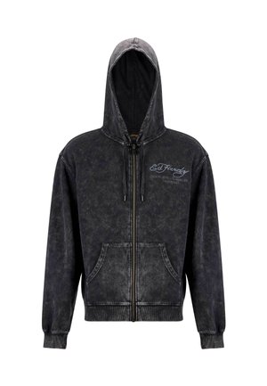Gray zip-up hoodie featuring a drawstring hood, two front pockets, and embroidered logo on the left chest. Textured fabric with a vintage look.