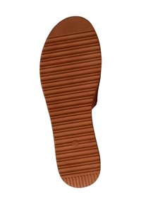 Suola di gomma marrone con scanalature testurizzate per la trazione, caratterizzata da una punta arrotondata e un distintivo motivo a righe sulla superficie.