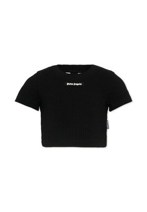 Czarny prążkowany krótkawy sweter z krótkimi rękawami, okrągłym dekoltem oraz białą łatką z logo "Palm Angels" na piersi i metką z boku.
