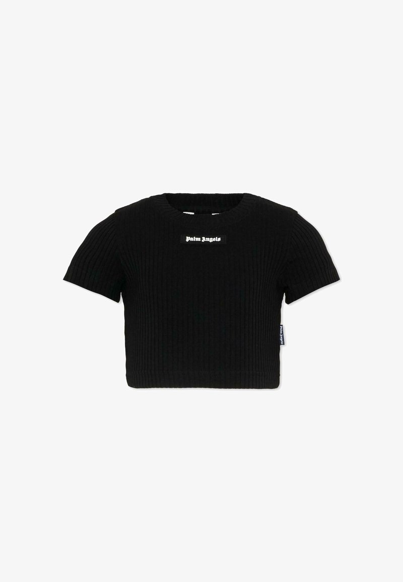 Pull court noir côtelé à manches courtes, col rond, avec un patch logo blanc "Palm Angels" sur la poitrine et une étiquette latérale.