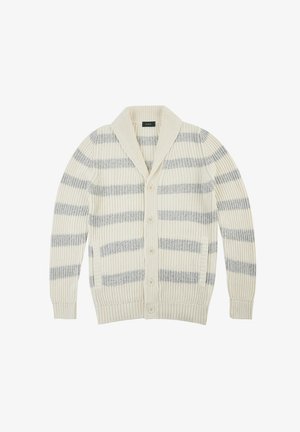 Gebreide cardigan in roomkleur met grijze strepen, voorzien van een sjaalkraag, lange mouwen, zes knopen en geribde boorden en zoom.