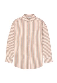 Gestreepte blouse met lange mouwen in lichtbruin en wit, gemaakt van een zachte stof met een puntige kraag en één borstzak. Knopen aan de voorkant.