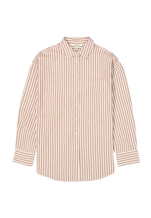 Gestreepte blouse met lange mouwen in lichtbruin en wit, gemaakt van een zachte stof met een puntige kraag en één borstzak. Knopen aan de voorkant.