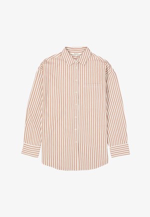 Camisa de manga larga a rayas en marrón claro y blanco, fabricada con un tejido suave, con cuello puntiagudo y un solo bolsillo en el pecho. Botones en la parte delantera.