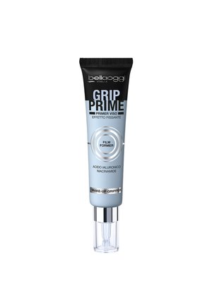 Tubo del primer viso bellaoggi Grip Prime con filmogeno, acido ialuronico, niacinamide e agente adesivo per il make-up, confezione nera e azzurra.