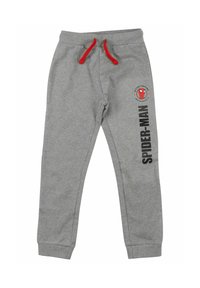 Gray sweatpants with a red drawstring, featuring a Spider-Man graphic and bold black text on the left leg. Soft, casual fabric with cuffs.