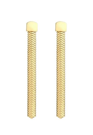 Lange Ohrhänger mit goldfarbenem Kettentropfen, einem Zickzack-Muster und glatten rechteckigen Oberseiten.