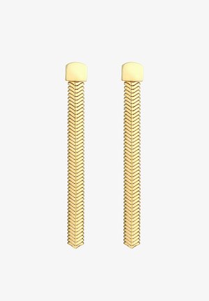 Boucles d'oreilles longues en chaîne ton or avec un motif en maillons en zigzag et des dessus rectangulaires lisses.