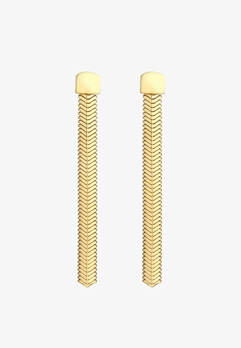 Boucles d'oreilles longues en chaîne ton or avec un motif en maillons en zigzag et des dessus rectangulaires lisses.