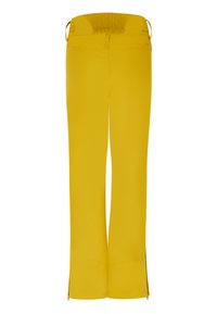 Geltonos lauko kelnės su guma juosmens srityje, tiesiomis kojomis ir užtrauktukais kulkšnies kraštukuose, leidžiančiais pritaikyti dydį. Lygus audinio paviršius.