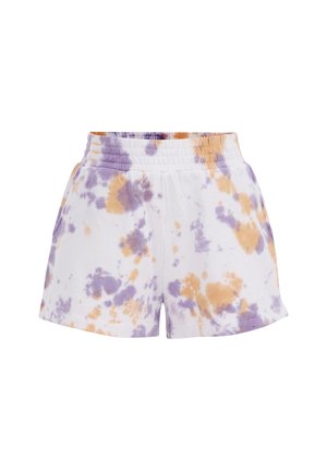 Pantalones cortos blancos con cintura elástica con estampado tie-dye morado y naranja y bolsillos laterales, diseñados para uso casual.