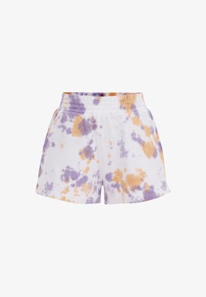 Pantalones cortos blancos con cintura elástica con estampado tie-dye morado y naranja y bolsillos laterales, diseñados para uso casual.