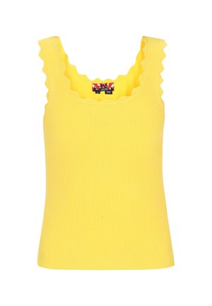 Sárga bordázott ujjatlan póló, fodros szélekkel a nyakvonalnál és a karfejeknél. Feszes fazonú, minimális részletezéssel.