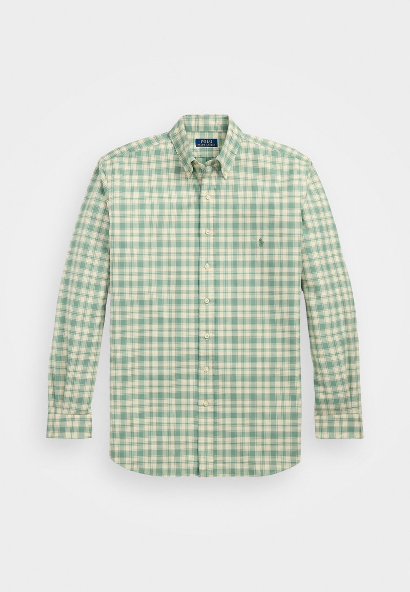 Green and cream checkered long-sleeve shirt, button-down collar, classic fit, featuring a small embroidered logo on the chest.
