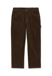 Brune fløjl bukser med lige ben design, der har to forlommer, en sidelommer og en knaplukning i taljen.