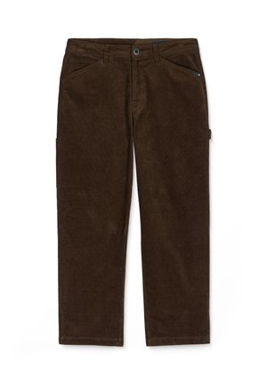 Brown corduroy pants with a straight leg design, featuring two front pockets, a side cargo pocket, and a button closure at the waist.