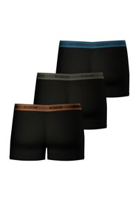 Boxer-briefs noirs avec des ceintures colorées : bleu, vert et orange. Le tissu semble lisse et élastique, conçu pour le confort et l'ajustement.