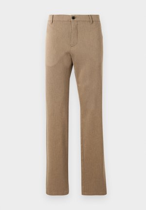 Brown, tailored trousers made from a textured fabric with a straight leg cut, featuring a front button closure and side pockets.