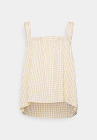 Żółto-biała w kratkę bluzka bez rękawów z włókninowym dekoltem i ramiączkami; dolny brzeg jest lekko dłuższy z tyłu.