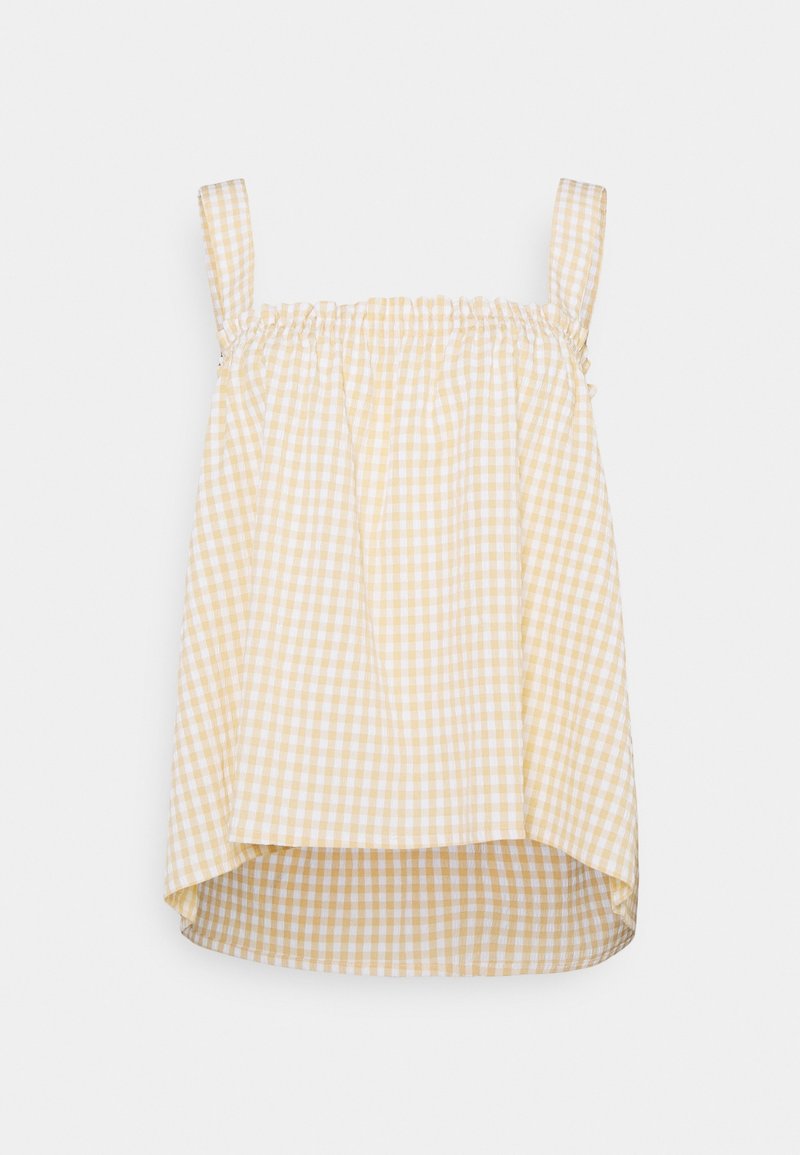 Żółto-biała w kratkę bluzka bez rękawów z włókninowym dekoltem i ramiączkami; dolny brzeg jest lekko dłuższy z tyłu.