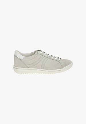 Hellgrauer Velours-Low-Top-Sneaker mit weißen Schnürsenkeln, geschwungenen Nähten und einer strukturierten weißen Gummisohle.