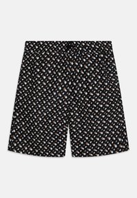 Shorts noirs avec un motif géométrique de formes bleu clair et beige, dotés d'une ceinture élastique et d'une coupe décontractée.