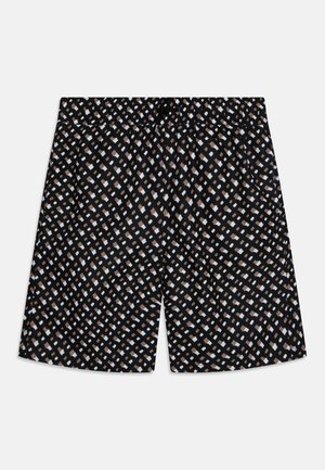 Shorts noirs avec un motif géométrique de formes bleu clair et beige, dotés d'une ceinture élastique et d'une coupe décontractée.