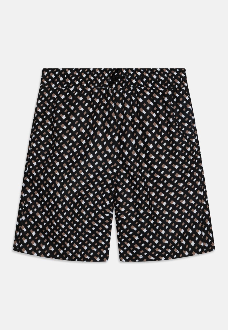 Shorts noirs avec un motif géométrique de formes bleu clair et beige, dotés d'une ceinture élastique et d'une coupe décontractée.