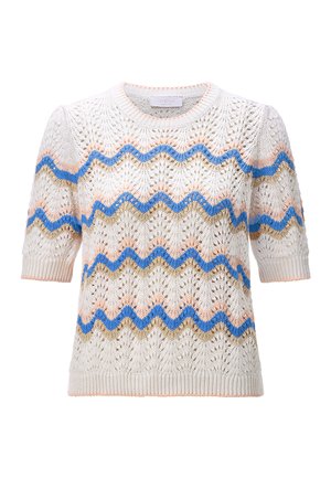 Maglione bianco a maniche corte in maglia con righe a zig zag blu, beige e pesca e motivo traforato e pizzo su tutta la superficie.